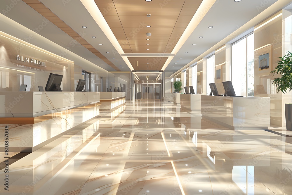 A spacious lobby featuring a large marble floor and a lush plant A spacious lobby featuring a large marble floor and a lush plant
