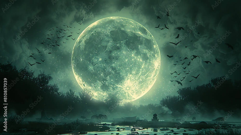 Witness an eerie evening where a glowing full moon is orbited by bats under a clear night sky.