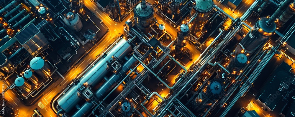 Aerial view of illuminated chemical plant with metallic cylinders and futuristic glow, Leuna, Saxony-Anhalt, Germany. Aerial view of illuminated chemical plant with metallic cylinders and futuristic glow, Leuna, Saxony-Anhalt, Germany.