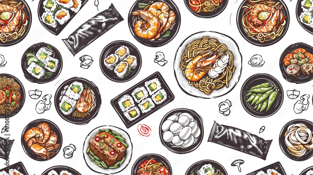 Asian cuisine hand drawn vector seamless pattern. Rea