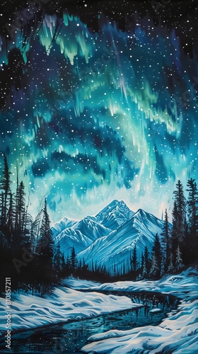 Breathtaking view of the Northern Lights dancing across a star-filled night sky  above a serene  snow-covered mountainous