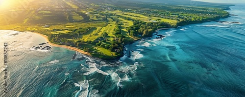 Aerial View of Maha'ulepu Heritage Trail Coastline with Gold Court, Koloa, Kauai, Hawaii, United States.