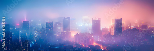enigmatic urban skylines at dawn in a foggy day