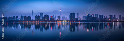 enigmatic urban skylines at dawn reflected in calm blue waters under a clear blue sky