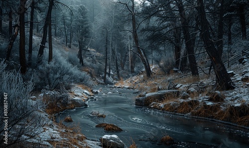 A thin frozen creek winds into a dark forest atop Mount Lemmon, Tucson, Arizona photo