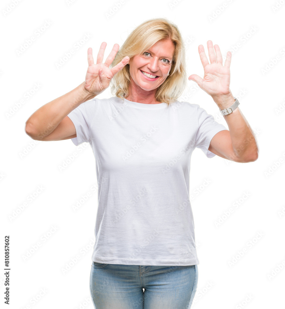 Middle age blonde woman over isolated background showing and pointing up with fingers number nine while smiling confident and happy. Middle age blonde woman over isolated background showing and pointing up with fingers number nine while smiling confident and happy.