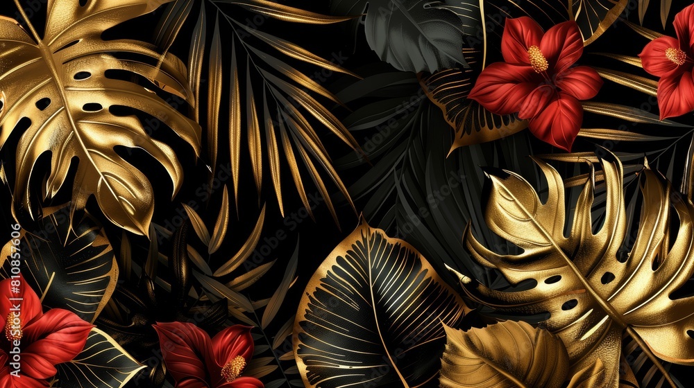 A beautiful botanical design with golden tropic jungle palm leaves, exotic red flowers on a dark background. A beautiful botanical design with golden tropic jungle palm leaves, exotic red flowers on a dark background.