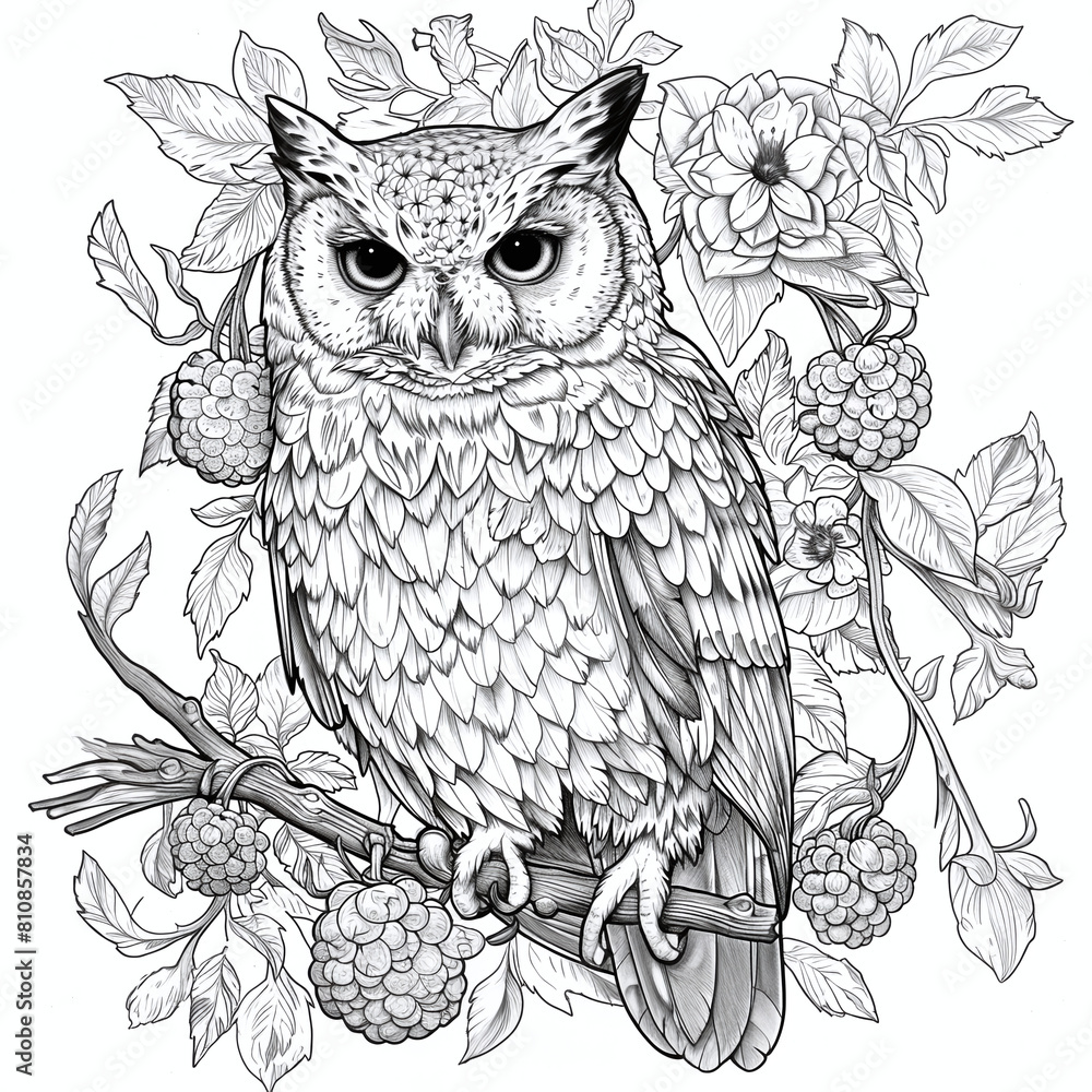 Coloring page birds theme, owl in front of twig with blossoms Coloring page birds theme, owl in front of twig with blossoms