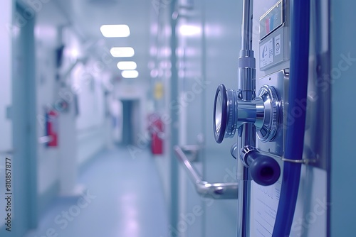 A blue hose connected to a hospital hallway wall photo