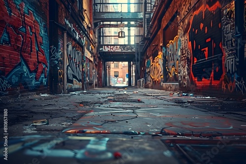 A long alley with graffiti on the walls and a door photo
