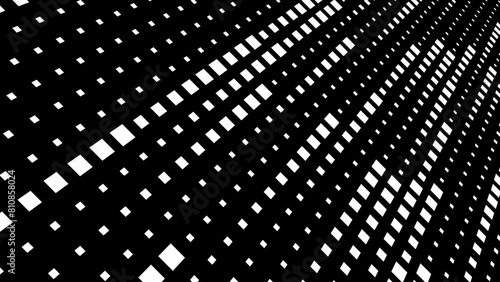 Abstract Digital Mosaic Grid Square Dots Halftone Tech Background Pattern. White Pixels Moving Fast on Grid. Hi-Tech Minimal Technology Design Texture. Digital Data Flow Transfer Vector. 