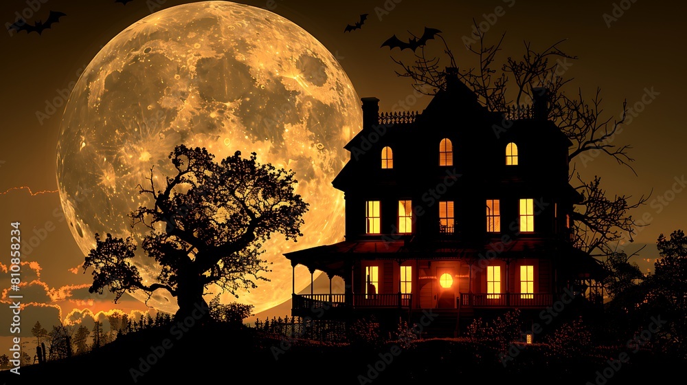 An atmospheric silhouette of an eerie haunted house against a bright full moon, with bats silhouetted as they fly past.