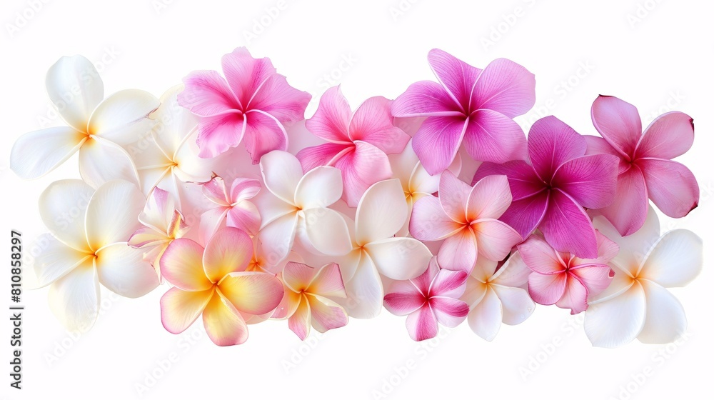 A variety of white, colorful, and pink plumeria flowers grouped together and isolated on a white background. A variety of white, colorful, and pink plumeria flowers grouped together and isolated on a white background.