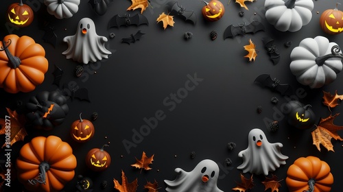 Adorable 3D cartoon halloween theme with ghost  Jac  and bat on black background  copy space for text