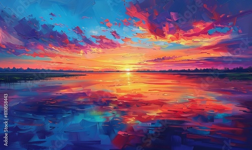 An image of a vibrant sunset over a serene lake, with colorful reflections shimmering on the water © Svitlana