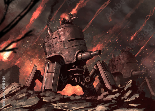 Εκτύπωση καμβά A huge steampunk tank with a giant cannon on spider legs and a dwarf in a trapdoor in the middle of a fantasy world battle against a background of flying fireballs next to other tanks