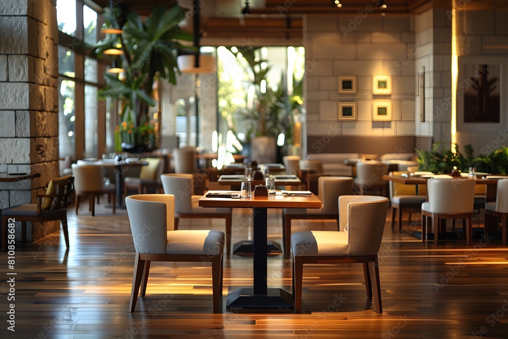 Tables and chairs in a restaurant with a large window Tables and chairs in a restaurant with a large window