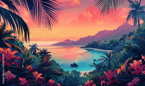 Vibrant colorful illustration of tropical island paradise in vintage style.