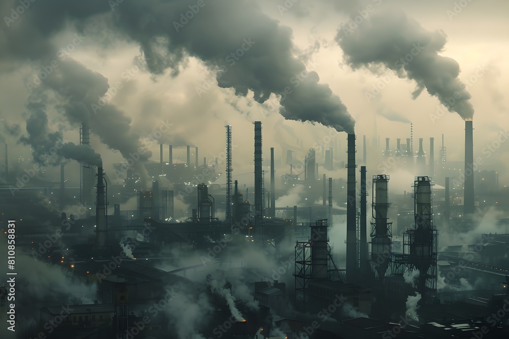 Smoke billowing from factory chimney in a city skyline Smoke billowing from factory chimney in a city skyline