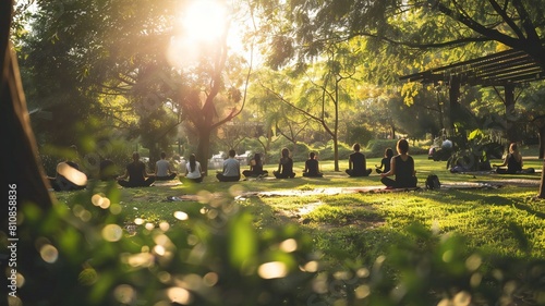 A serene outdoor meditation session in a quiet park, with individuals practicing mindfulness surrounded by greenery and morning light.