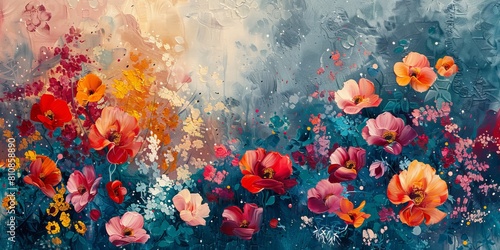 Abstract Painting Wallpaper. Contemporary Art Texture with Flowers.