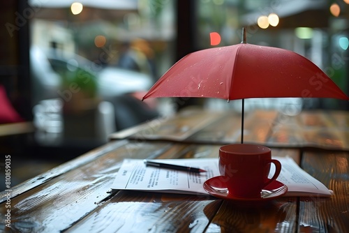 A red umbrella, coffee cup on table photo