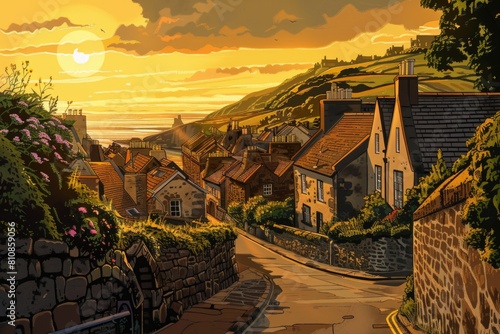 A beautiful painting of a sunset over a peaceful village. Ideal for home decor or travel websites