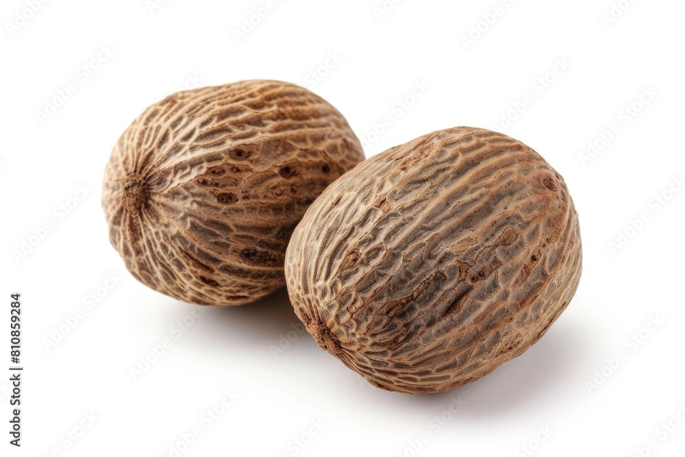 Two whole nutmeats on a white surface. Great for food and nutrition concepts Two whole nutmeats on a white surface. Great for food and nutrition concepts