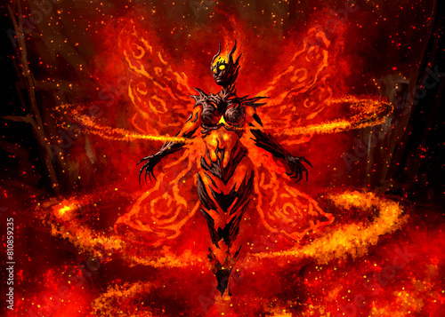 A fire fairy armored with solidified magma has awakened and is flying to freedom along with a volcanic eruption. 2d illustration