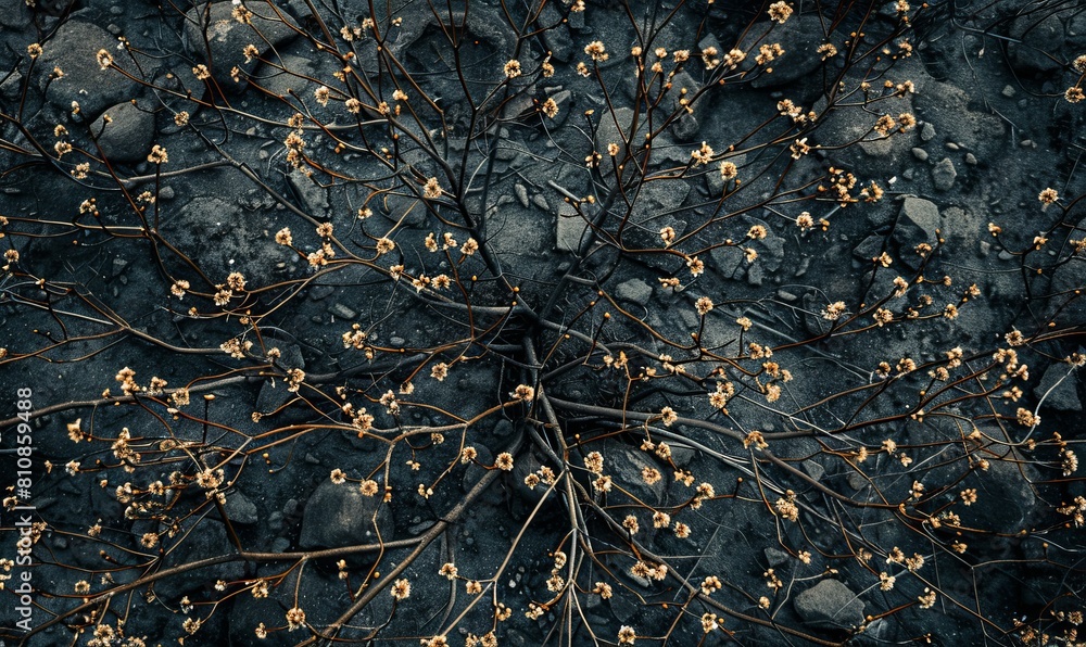 The branches of a bush fan out in all directions in a clearing The branches of a bush fan out in all directions in a clearing