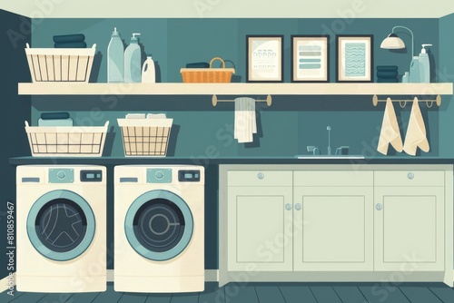 Image of a laundry room with modern appliances. Suitable for household and cleaning related concepts