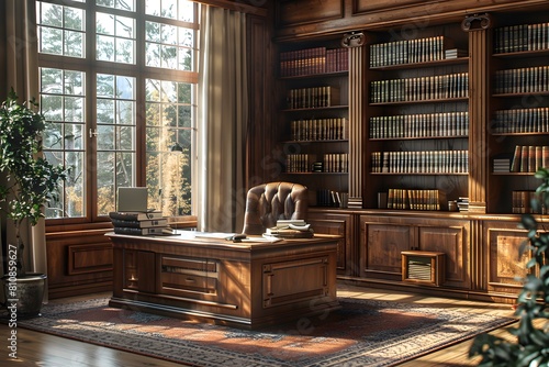 Large desk in spacious room filled with many books