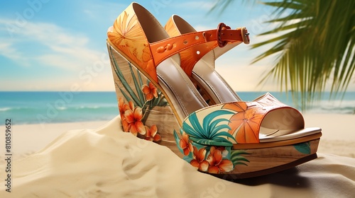 Generate an image of a pair of bohemian-inspired wedge sandals against a backdrop of sun-drenched palm trees and sandy beaches, embodying beachy chic.