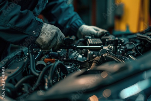A man is seen working on a car engine in a garage. Ideal for automotive repair or DIY concept
