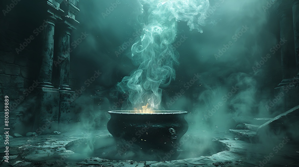 Dive into an ancient dungeon where a large black cauldron emits swirling, dark smoke as it simmers. Dive into an ancient dungeon where a large black cauldron emits swirling, dark smoke as it simmers.