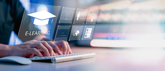 Concept of Online education. man use Online education training and e-learning webinar on internet for personal development and professional qualifications. Digital courses to develop new skills.