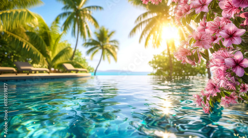 A beautiful beach scene with a pool and palm trees