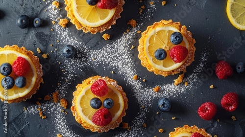 Bright and zestful lemon tartlets garnished with raspberries and blueberries on a dark surface with crumbs and lemon wedges photo