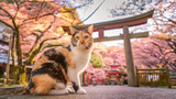 日本の由緒ある神社と美しい四季に佇む猫