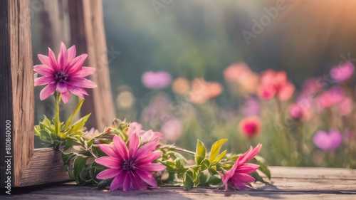Fresh flowers with Frame on wooden background with with empty space for greeting message.  Love and greeting concept design. AI generated image, ai © Koca