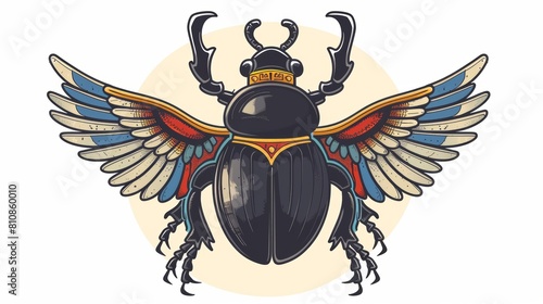 Cartoon scarab beetle modern illustration. Egyptian culture religious symbol, black insect figure, embodiment of the rising sun god Khepri photo