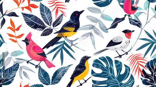 Beautiful colored seamless pattern with tropical bird