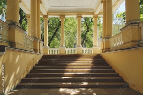 Staircase leading up to a building entrance. Suitable for architectural projects