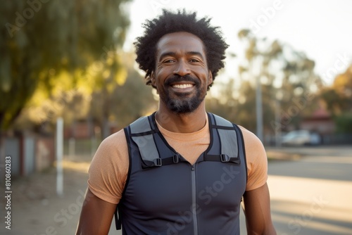 Portrait of a glad afro-american man in his 40s wearing a lightweight running vest while standing against vibrant city park © CogniLens