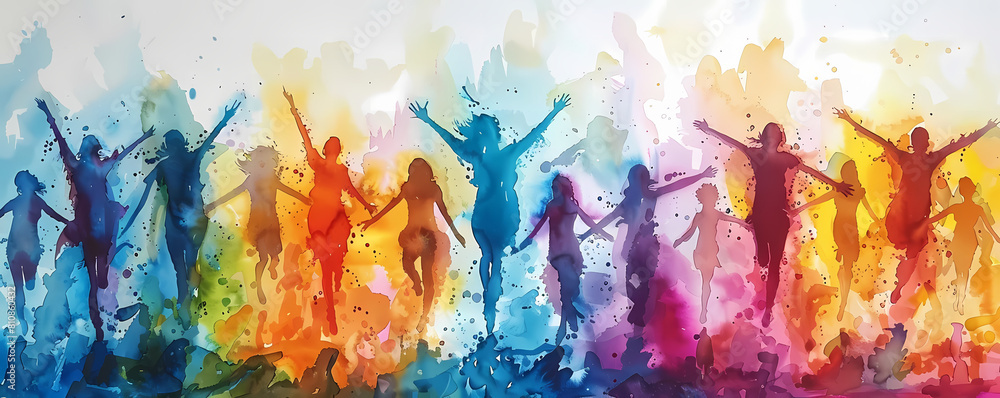 Aquarelle painting of a group of people of various colors and shapes, holding hands and running happily together.