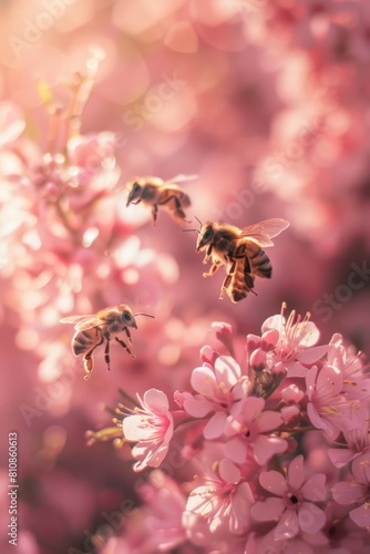 Bees buzzing around beautiful pink flowers, perfect for nature and garden themes © Fotograf