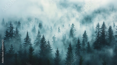Experience a misty morning in a mountain forest  where the fog creates a soft  ethereal atmosphere.