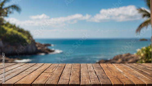 Coastal Retreat  Wooden Table Set Against a Backdrop of Sea  Island  and Blue Sky  with a Softly Blurred Background