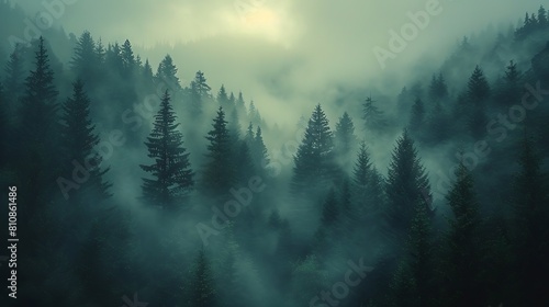 Experience a misty morning in a mountain forest, where the fog creates a soft, ethereal atmosphere.