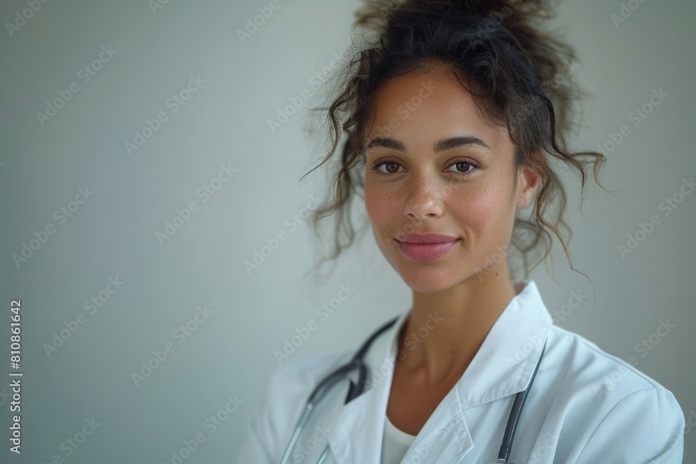 A female doctor with a stethoscope smiling at the camera A female doctor with a stethoscope smiling at the camera